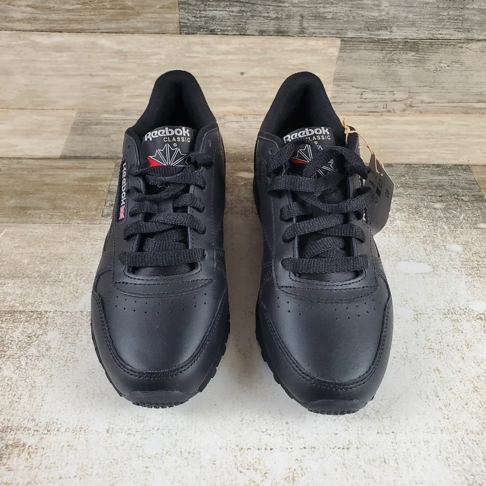 Reebok Classic Womens Running Shoes Sz 6 Triple Black Leather Lace Up Sneakers